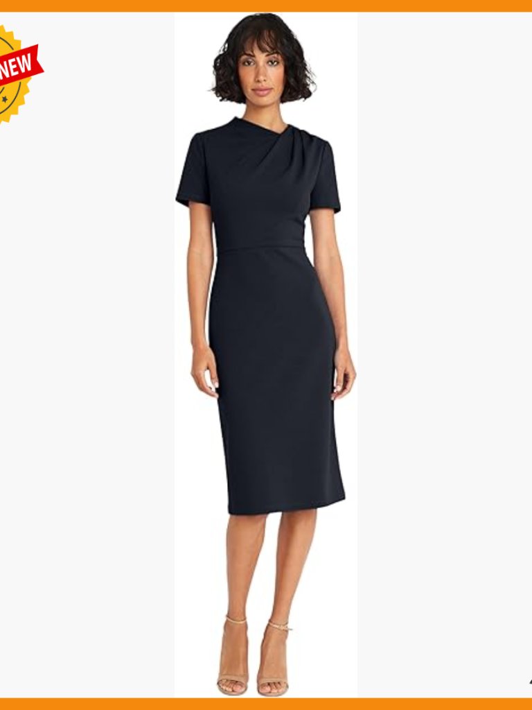 Asymmetric Crew Neck Short Sleeve Below Knee Pencil Dress Scuba Crepe